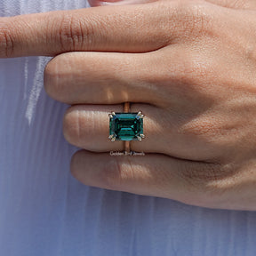 Dark Green Emerald Cut Moissanite Engagement Ring