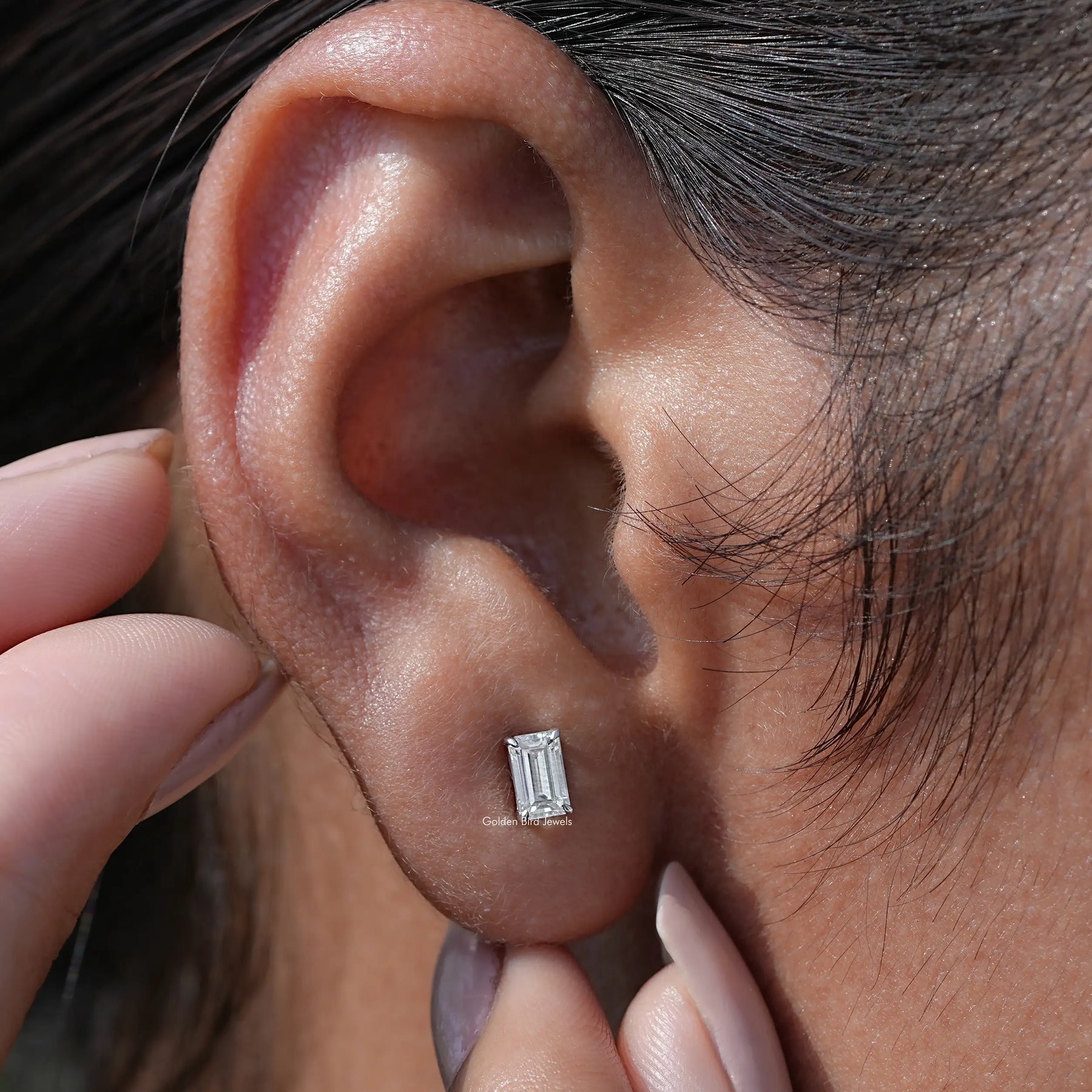 [Colorless Emerald Cut Moissanite Earrings]-[Golden Bird Jewels]