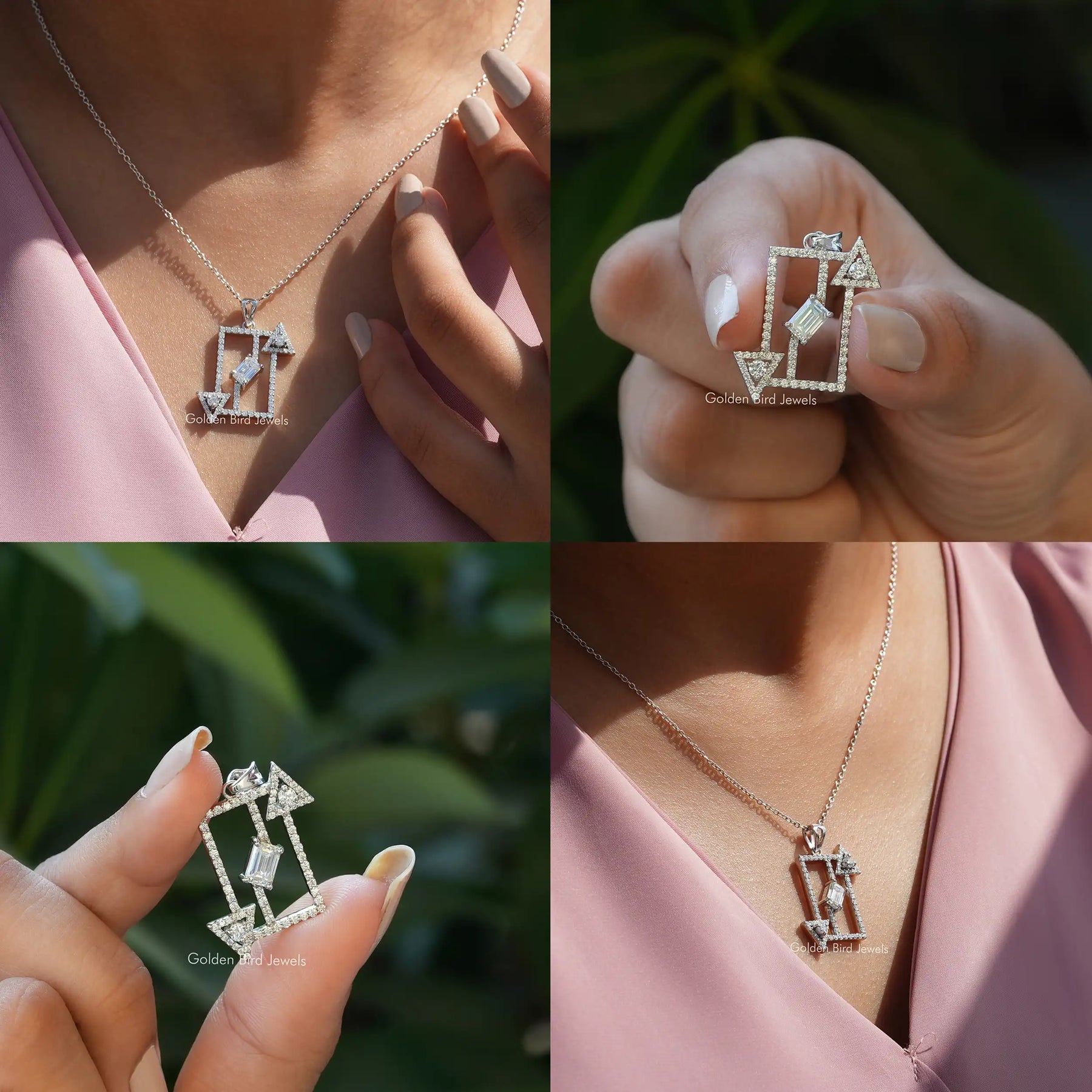 [Collage of emerald cut moissanite pendant]-[Golden Bird Jewels]