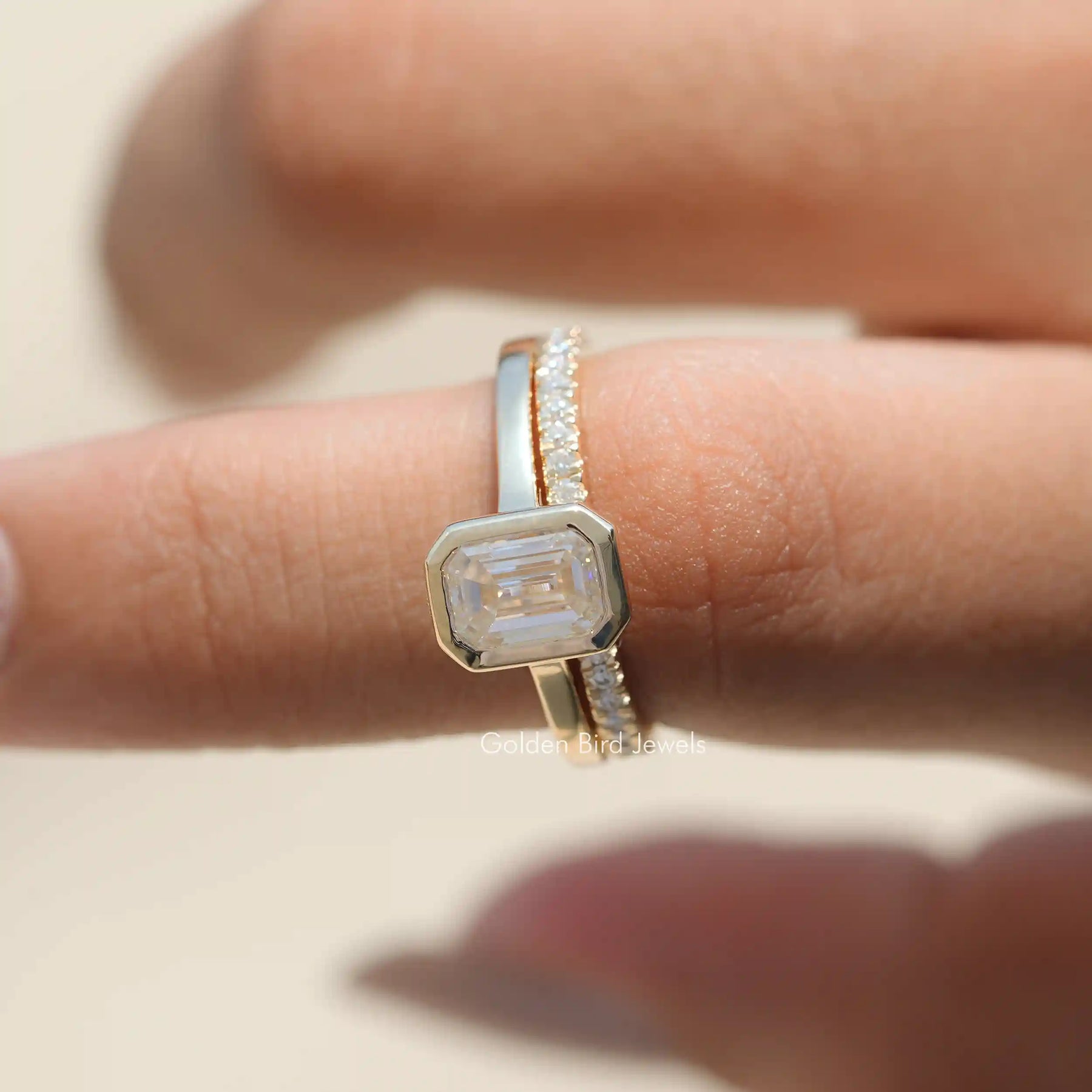 [Emerald Cut Moissanite Bezel Set Solitaire Ring Set]-[Golden Bird Jewels]