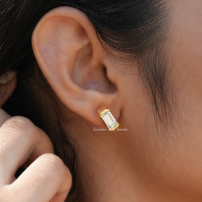 [In ear front view of emerald cut stud earrings]-[Golden Bird Jewels]