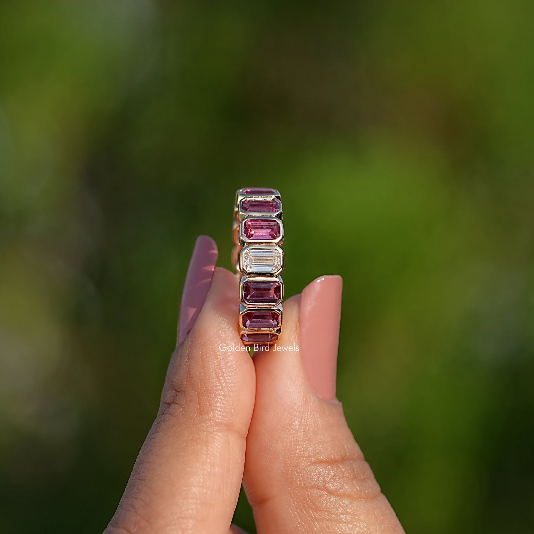 Bezel Set Emerald Gemstone Eternity Band