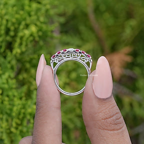 Red Ruby Emerald Shaped Gemstone Seven Stone Band