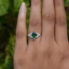 Green Hexagon Cut Gemstone Engagement Ring In White Gold