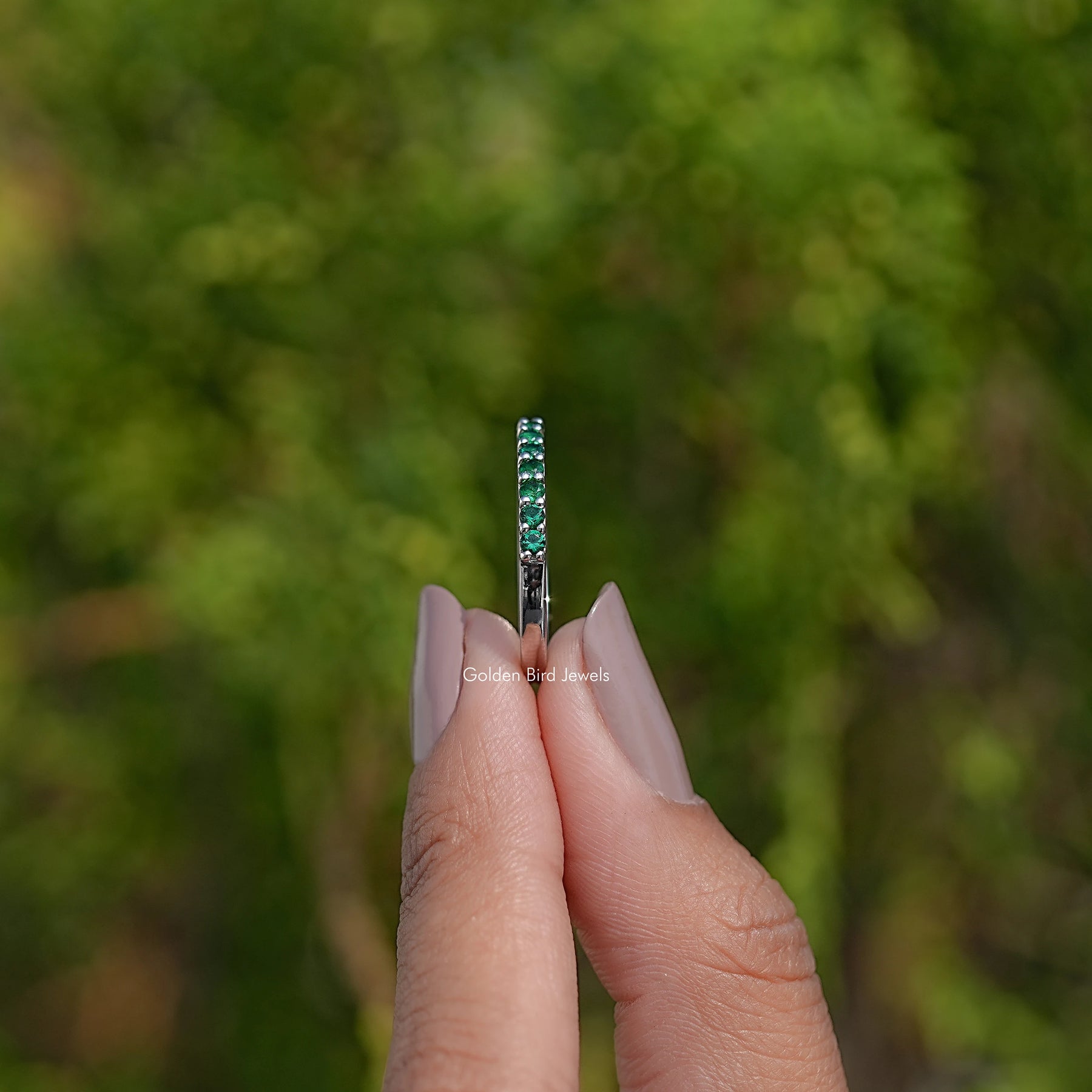 May Birthstone Emerald Green Round Eternity Band