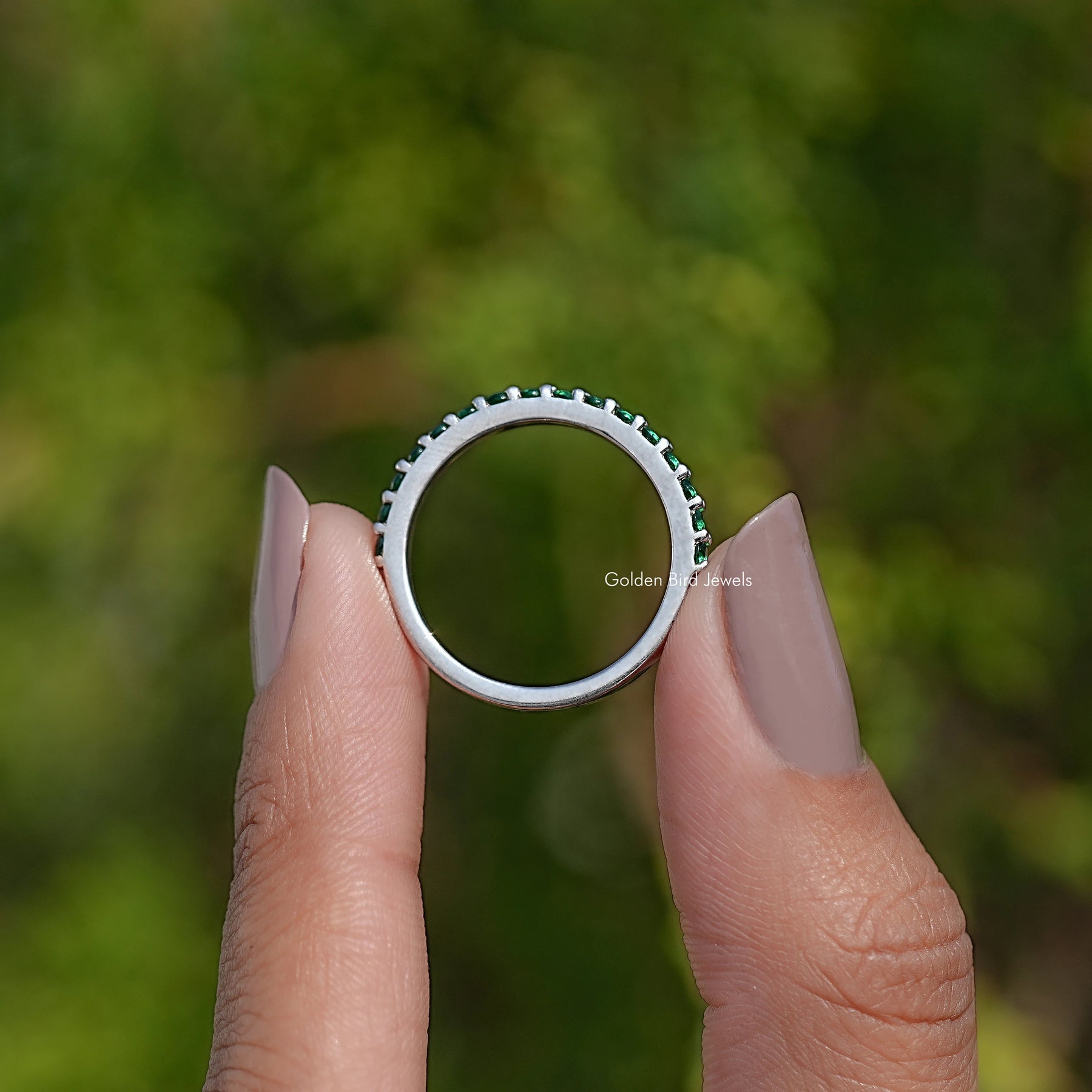 May Birthstone Emerald Green Round Eternity Band