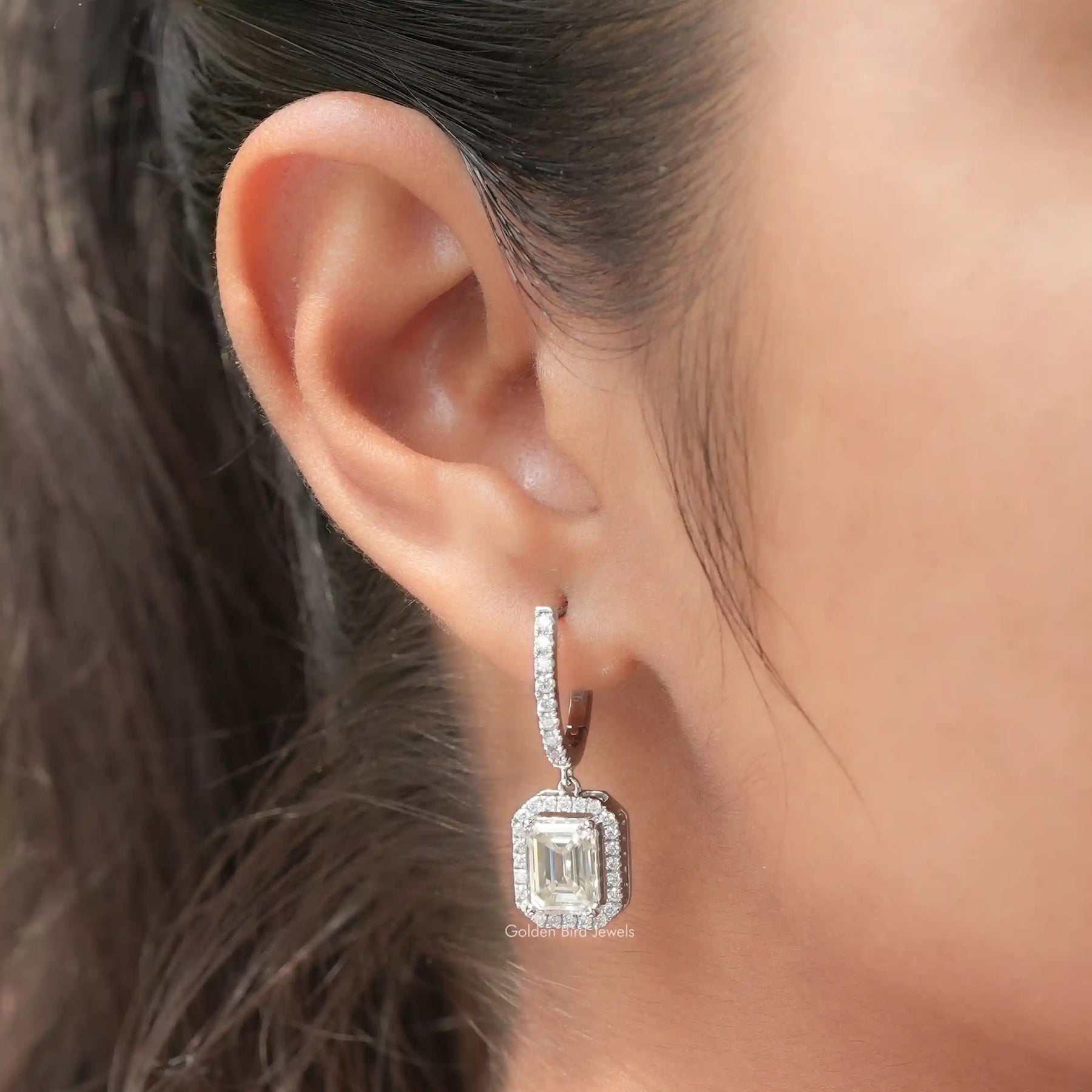 Emerald Cut Halo Moissanite Dangle Drop Earrings