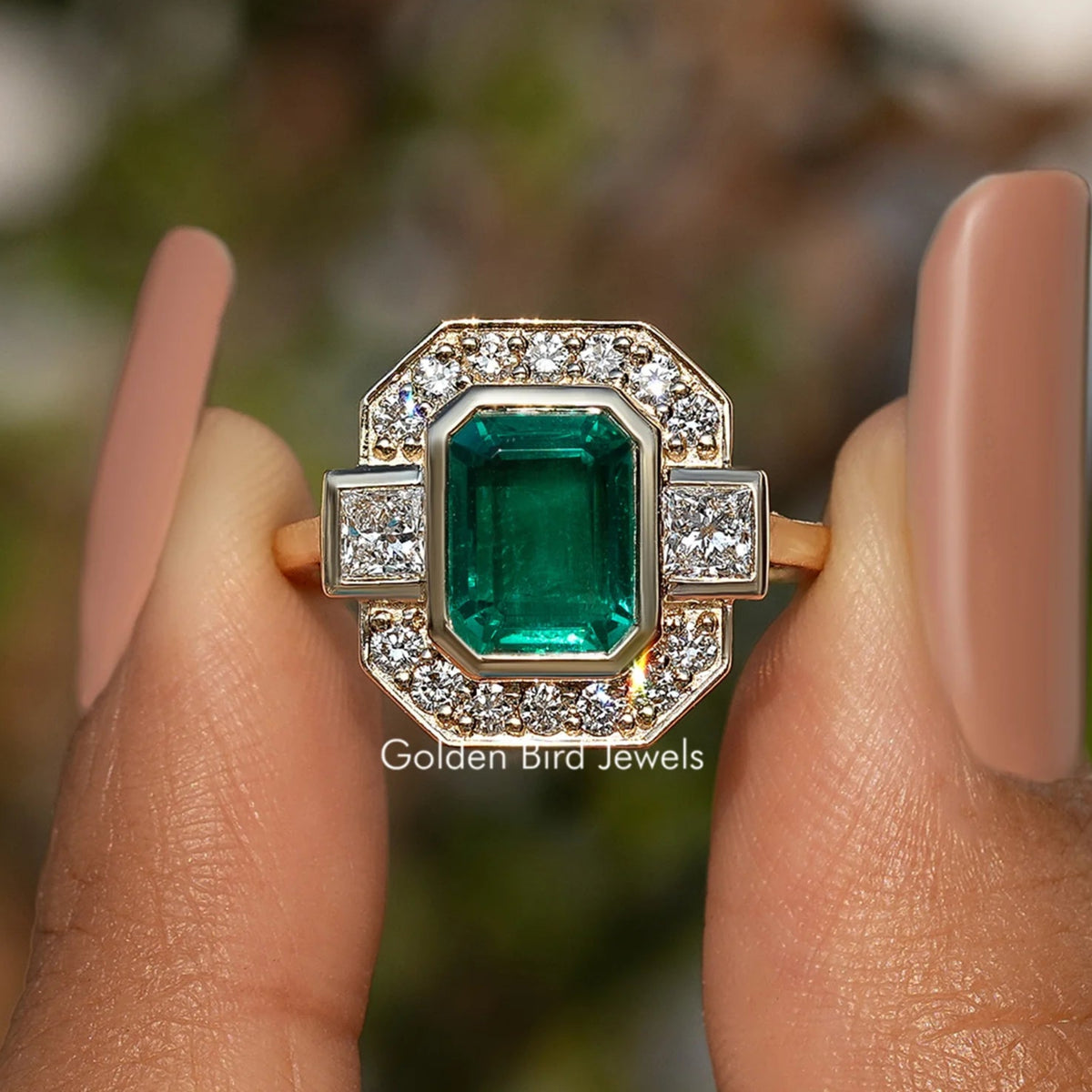 Emerald Lab Gemstone Halo Engagement Ring
