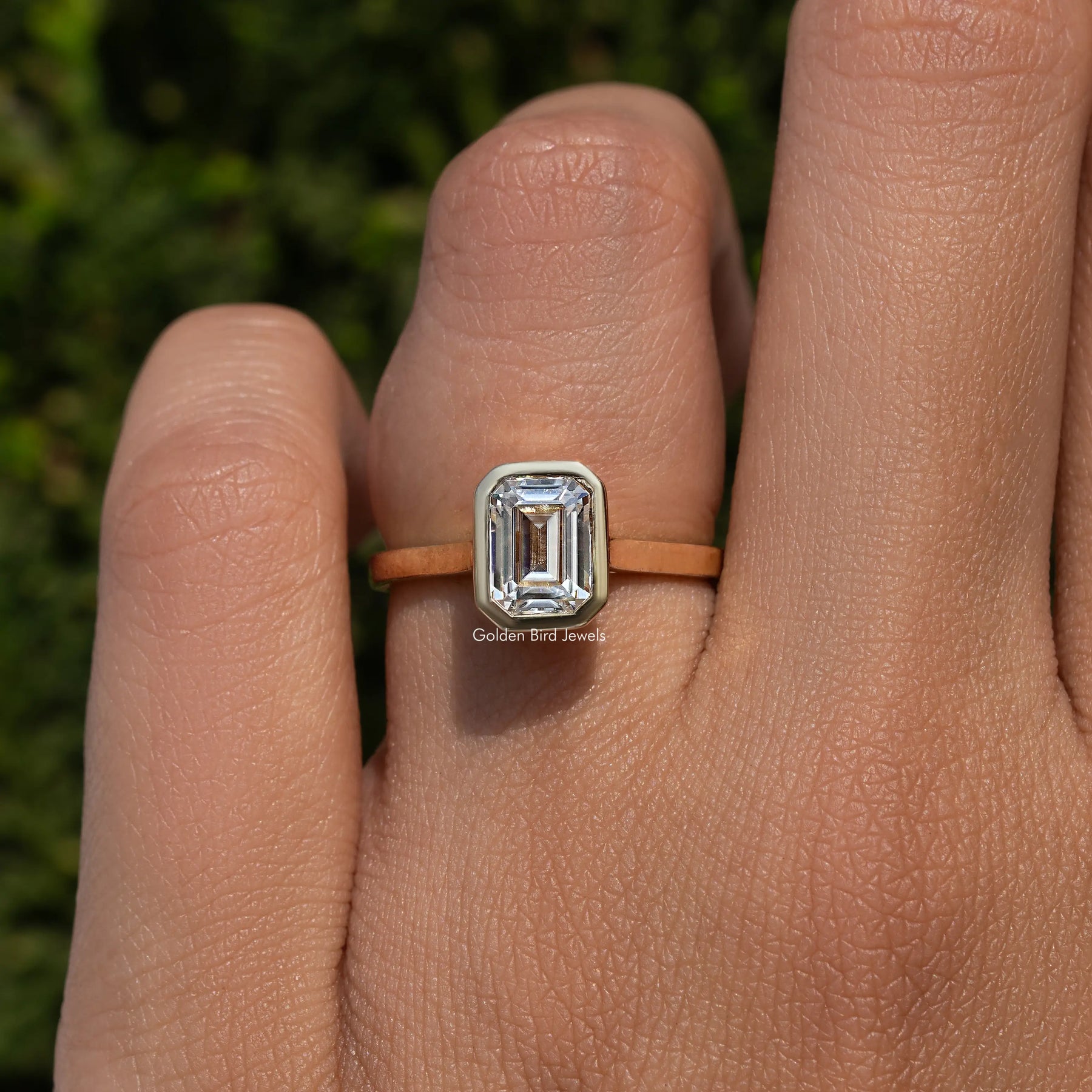 Emerald Cut Moissanite Bezel Set Solitaire Ring