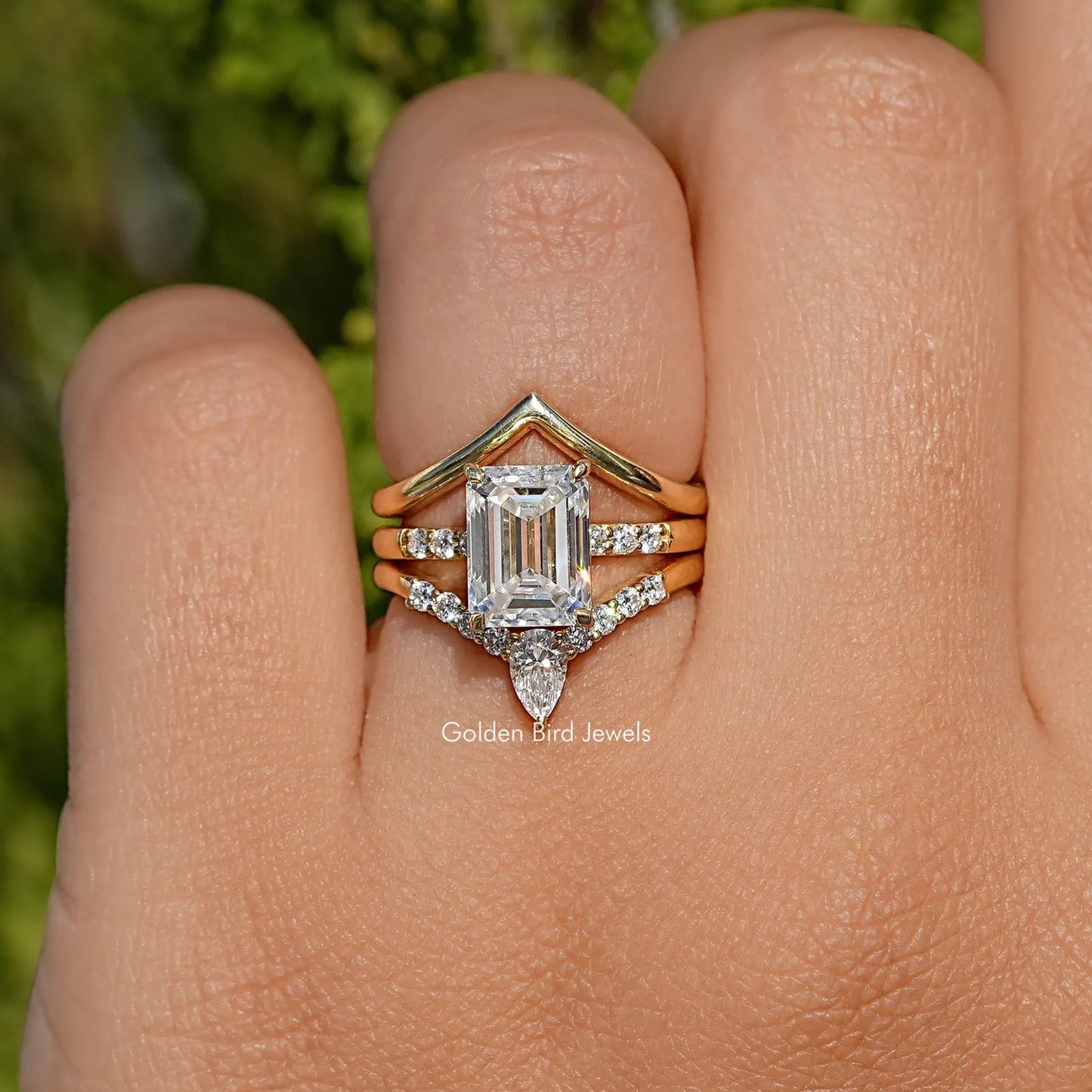 Smaragd Moissanit Braut Trio Ring Gebogenes Band Set