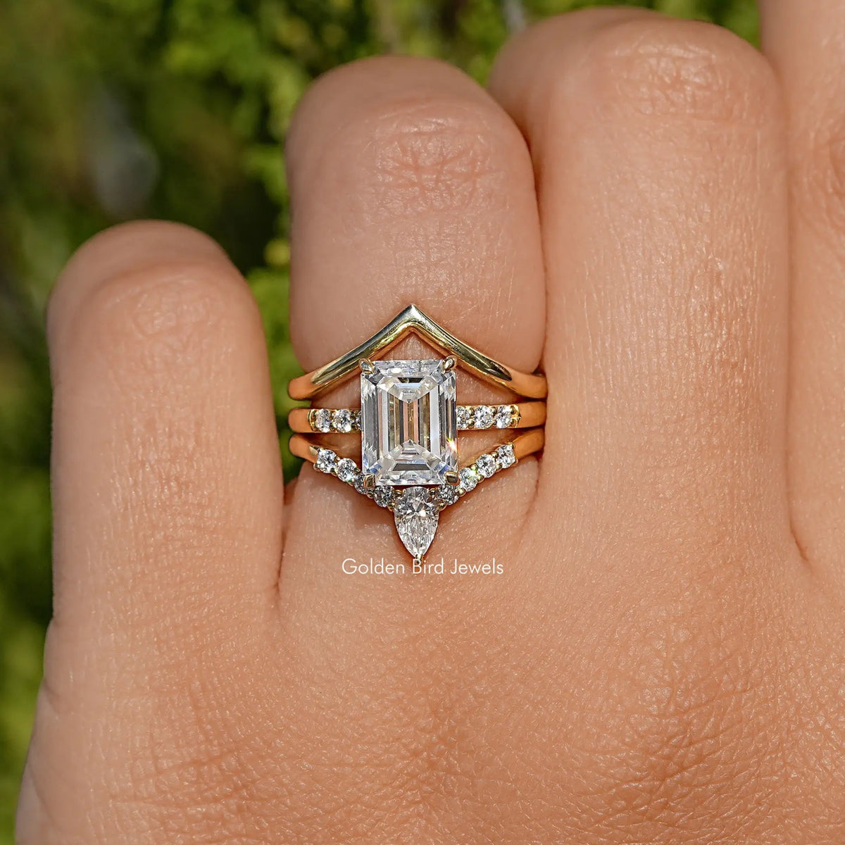 Smaragd Moissanit Braut Trio Ring Gebogenes Band Set