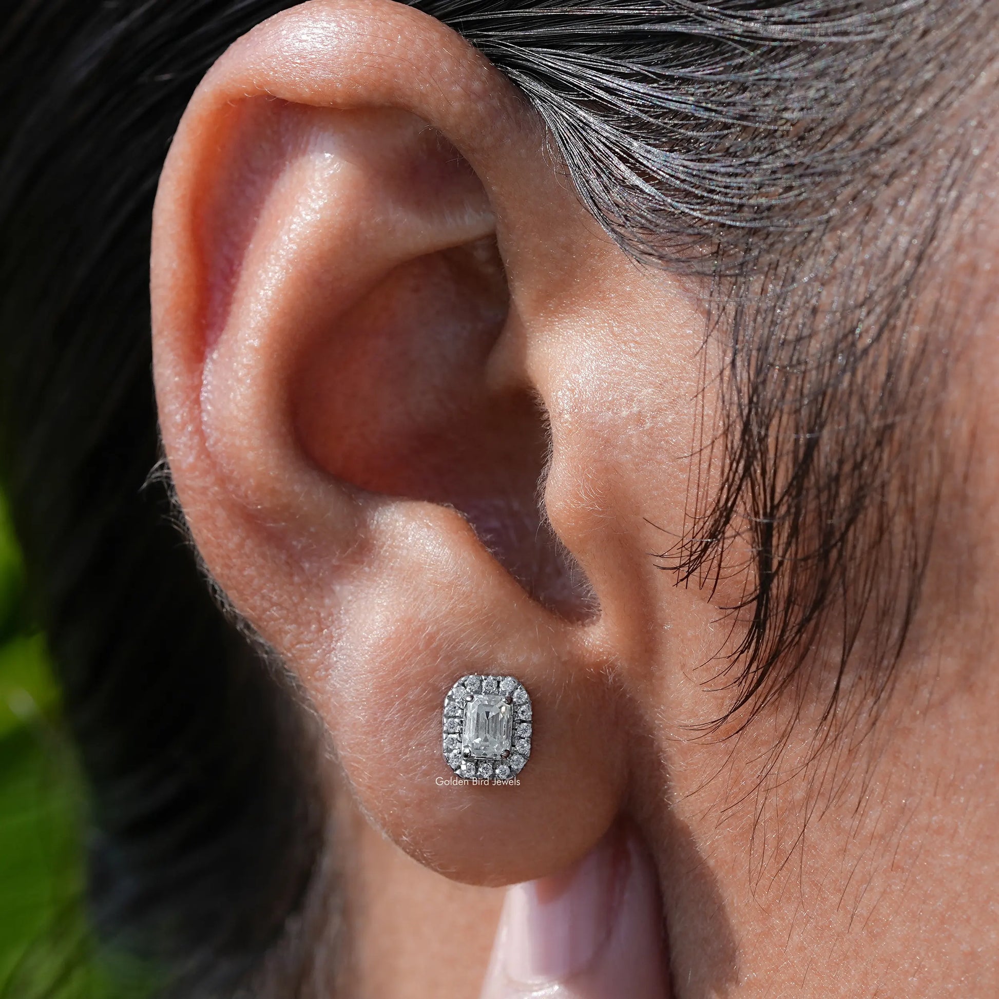 In Ear View Of moissanite Earrings in four prongs setting 