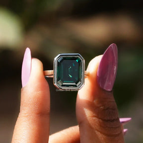 [Dark Green Emerald Cut Moissanite Solitaire Ring]-[Golden Bird Jewels]