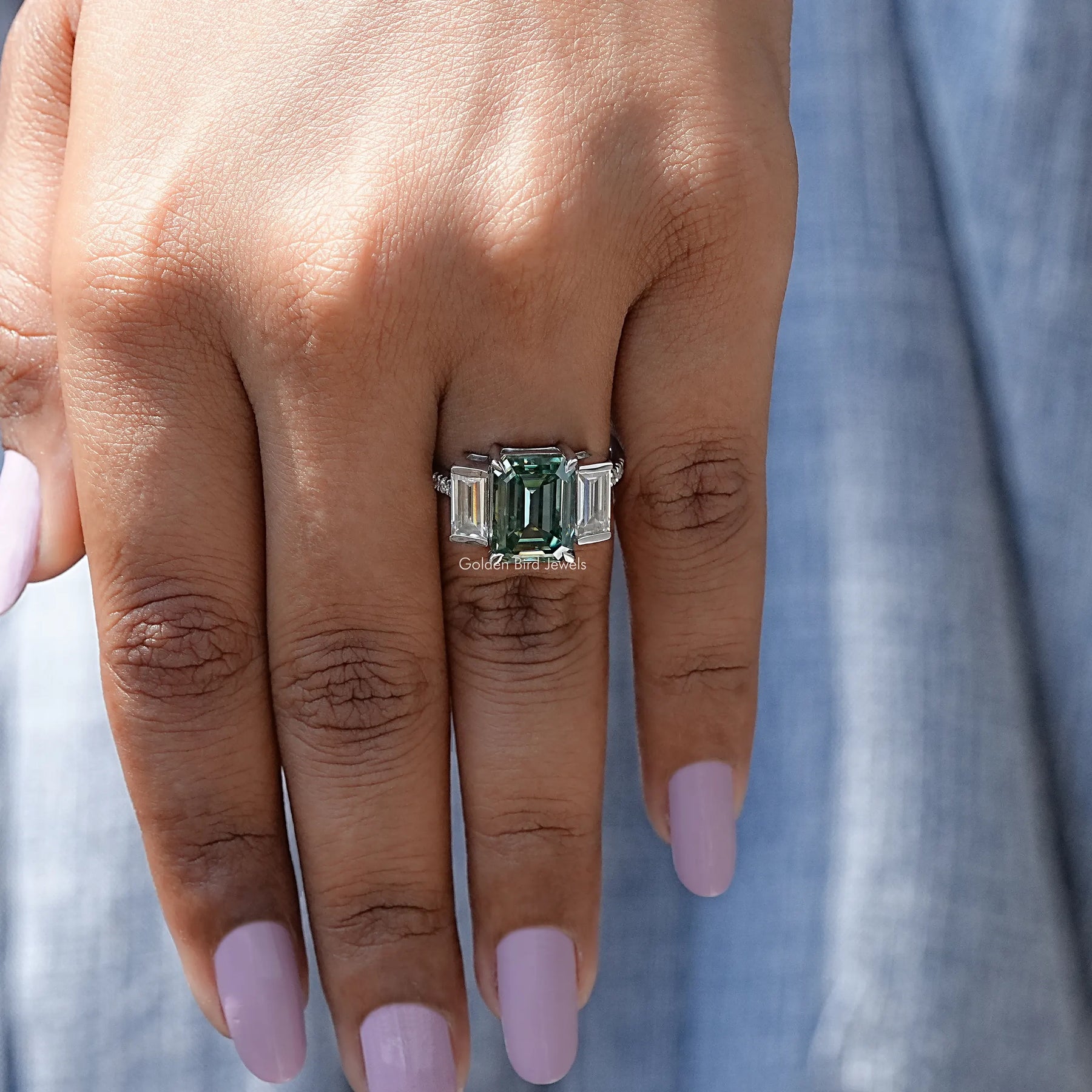 [Three Stone Emerald Cut White Gold Ring]-[Golden Bird Jewels]