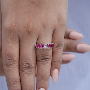 Red Ruby Emerald Shaped Gemstone Seven Stone Band