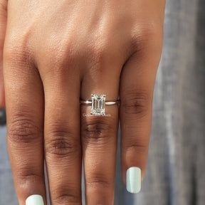 [Solitaire Emerald Cut Diamond Engagement Ring In 14K White Gold]-[Golden Bird Jewels]