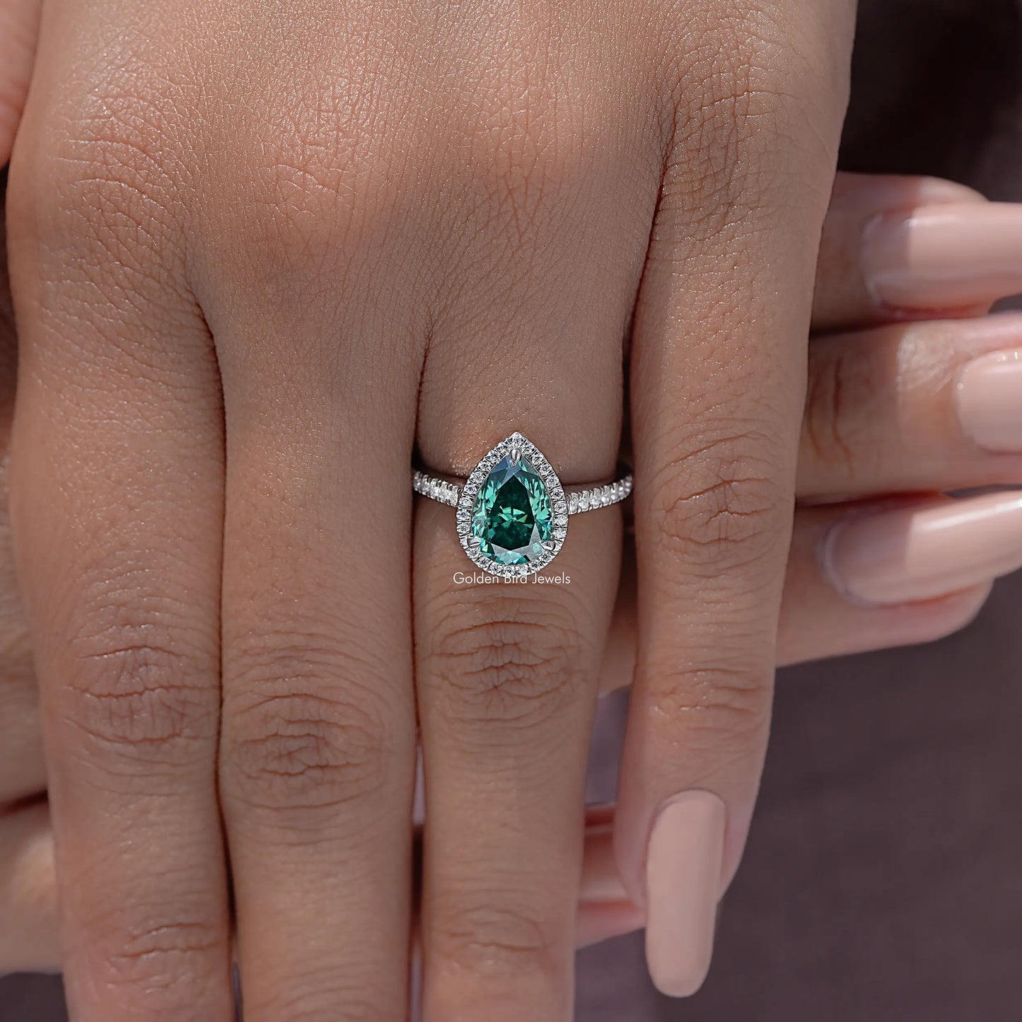 Pear Cut Moissanite Gemstone Accent Halo Ring