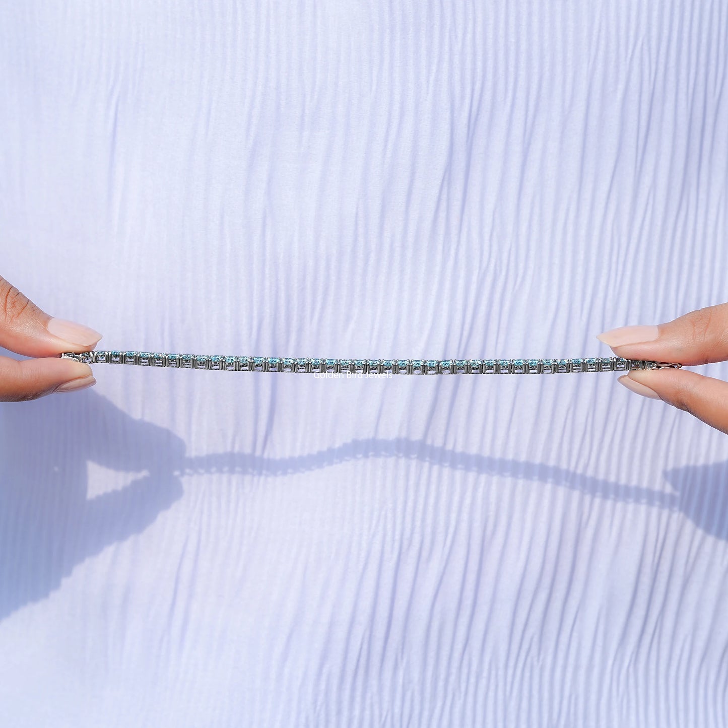 Detailed View Of Blue Round Cut Moissanite Tennis Bracelet