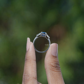 Blue Step Cut Oval Moissanite Three Stone Ring