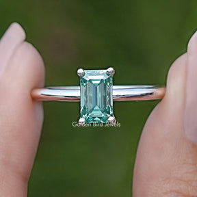 Front view of Green Emerald Cut Moissanite Solitaire Ring