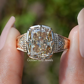 Front view of Filigree Yellow Elongated Cushion Moissanite Ring
