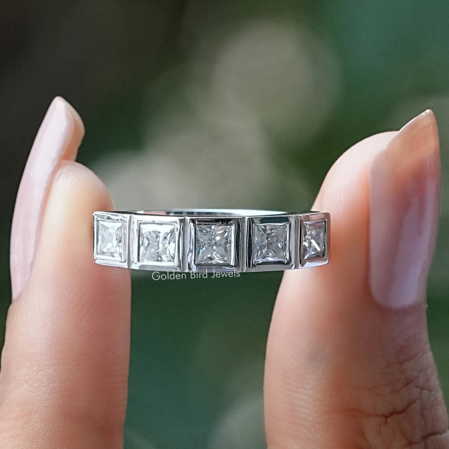 [5 Stone Princess Cut Moissanite Wedding Band]-[Golden Bird Jewels]