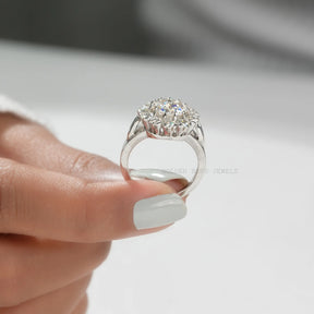 Back View of Round Cut Vintage Style Floral Ring In two fingers