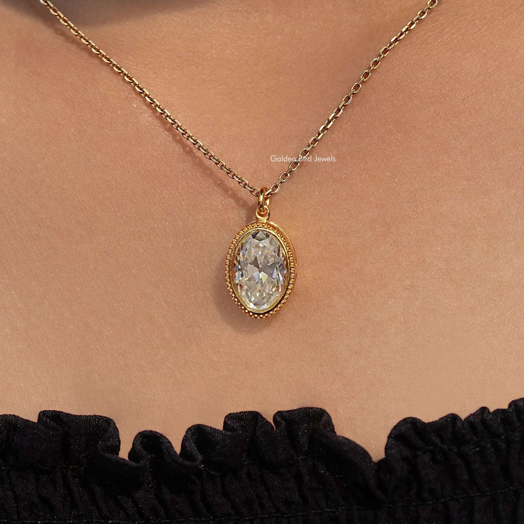 In neck View Of Old Mine Oval Moissanite Pendant