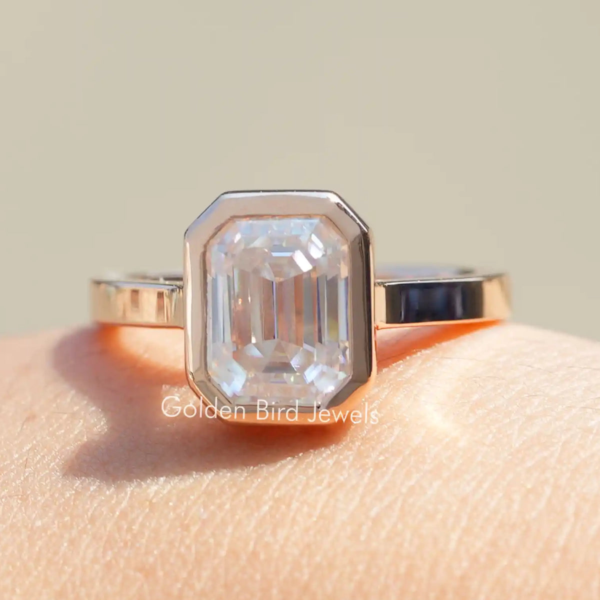 Moissanite Emerald Cut Fancy Bezel Set Ring
