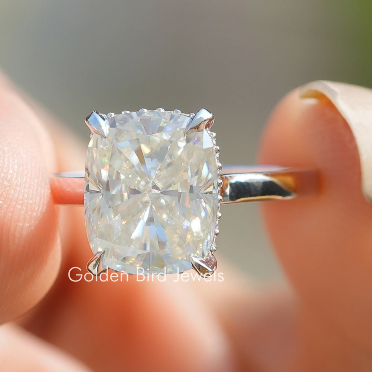 Elongated Cushion Lab Diamond Hidden Halo Ring