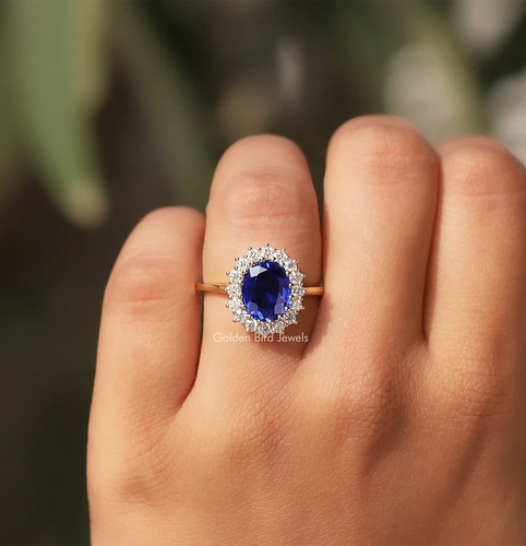 Sapphire Blue Oval Cut Halo Engagement Ring