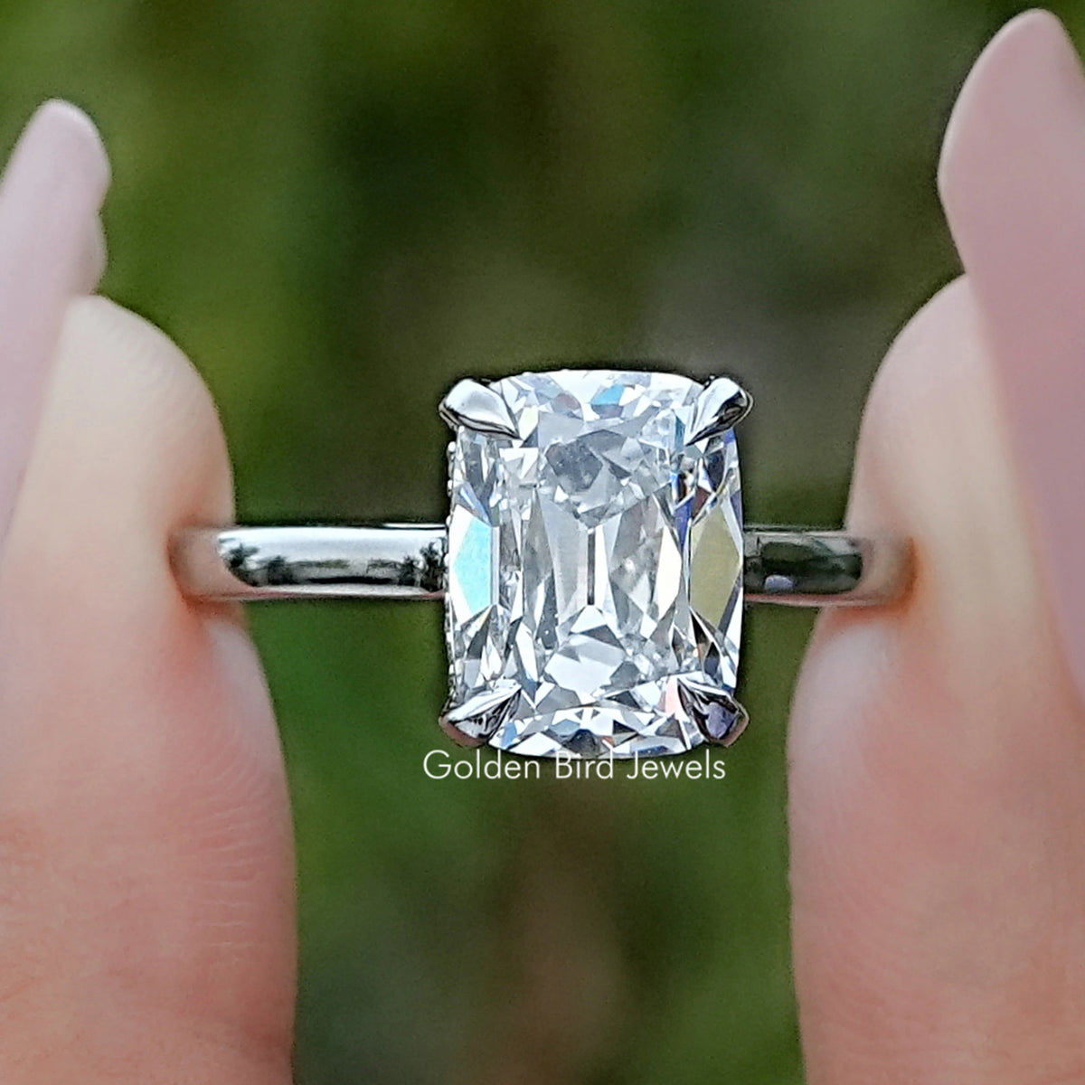 Old Mine Elongated Cushion Hidden Halo Diamond Ring