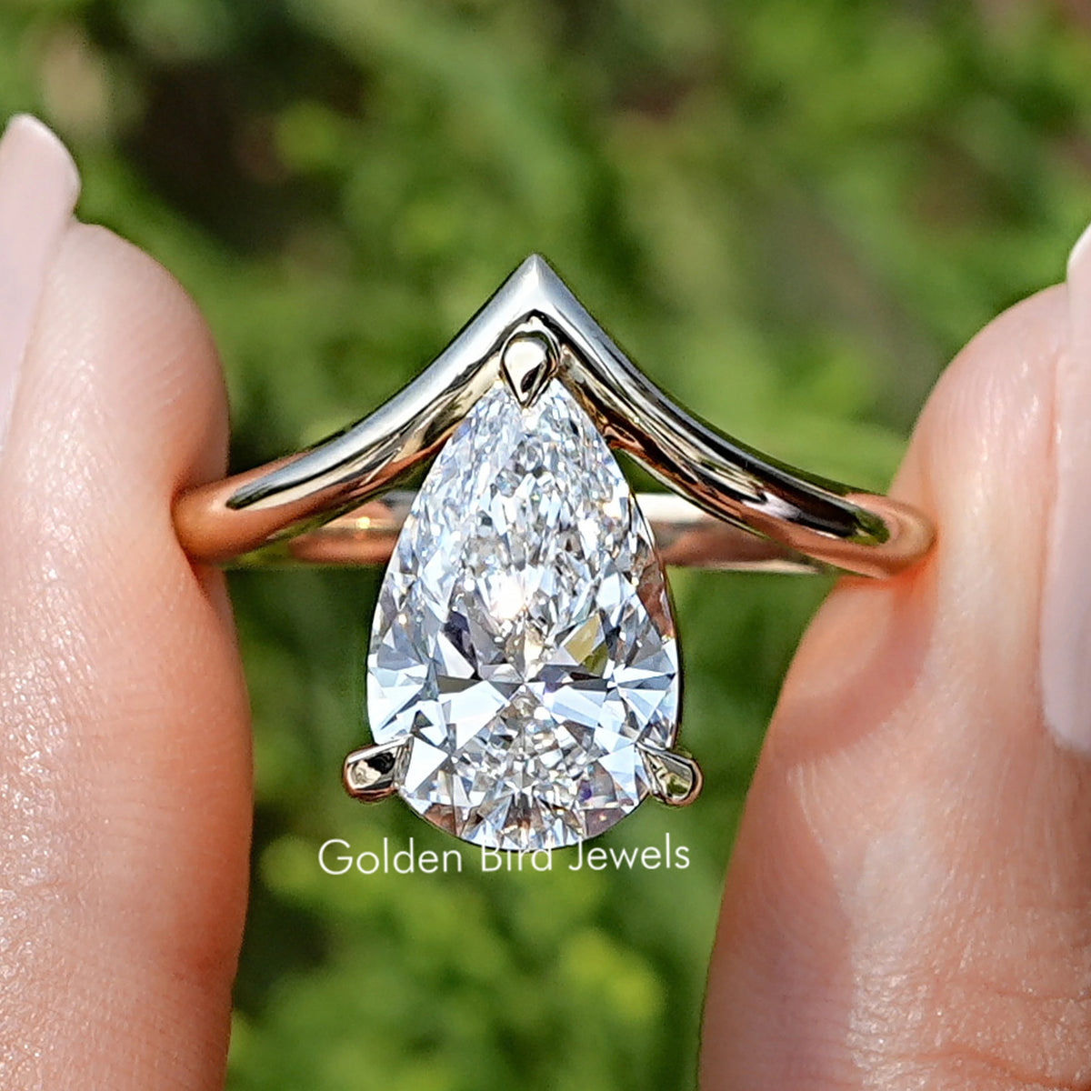 Pear Cut Lab Diamond V Shaped Curved Solitaire Ring