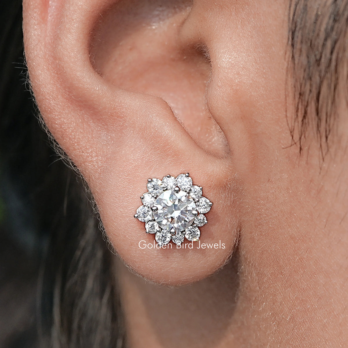 Round Cut Moissanite Halo Stud Earrings