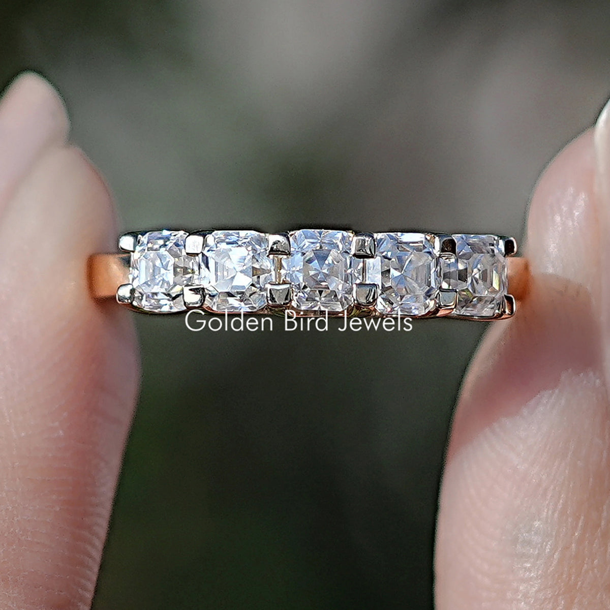 Asscher Cut Moissanite Five Stone Wedding Band