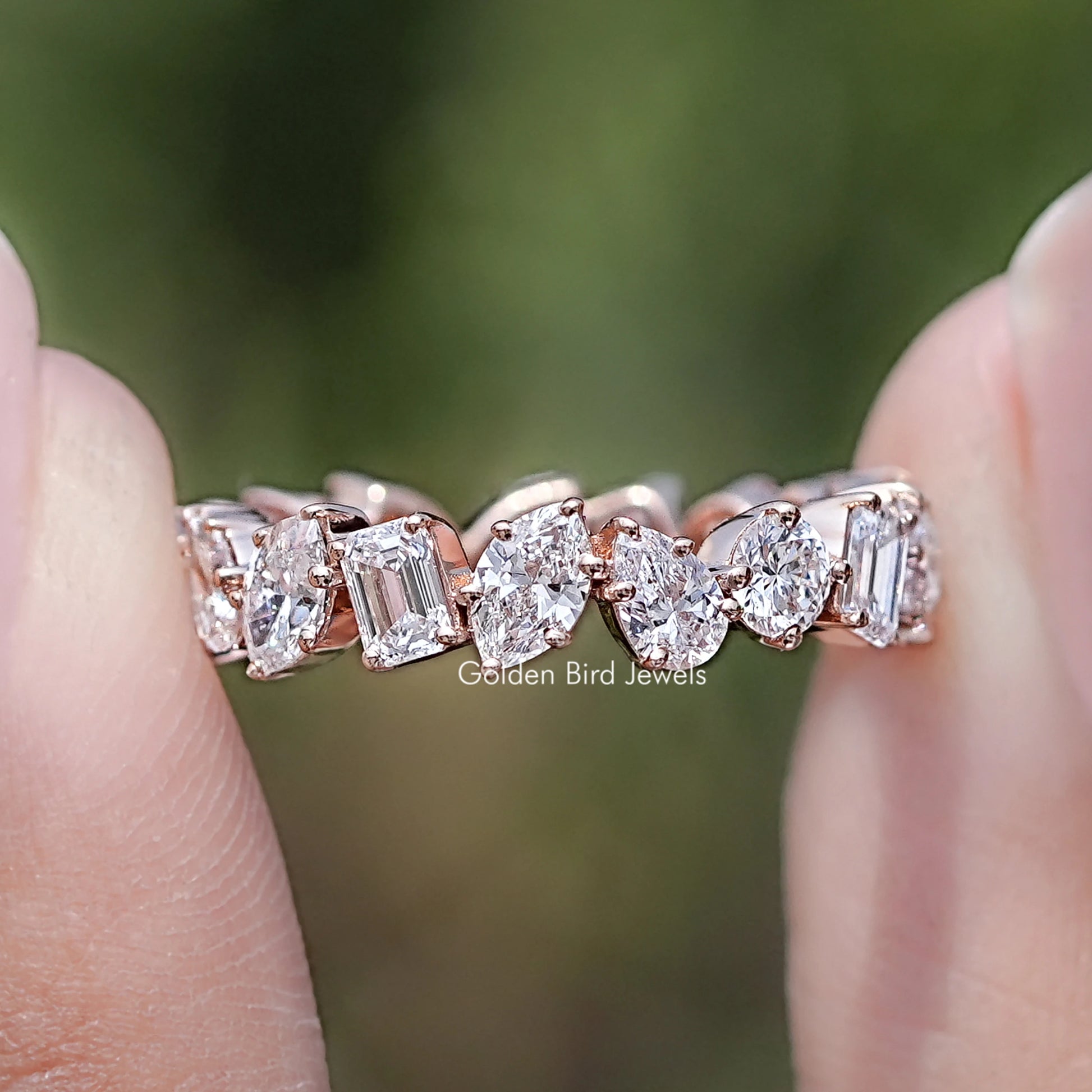 Front view of Multi Shape Lab Diamond Full Eternity Wedding Band in two fingers 