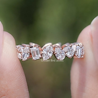 Front view of Multi Shape Lab Diamond Full Eternity Wedding Band in two fingers 