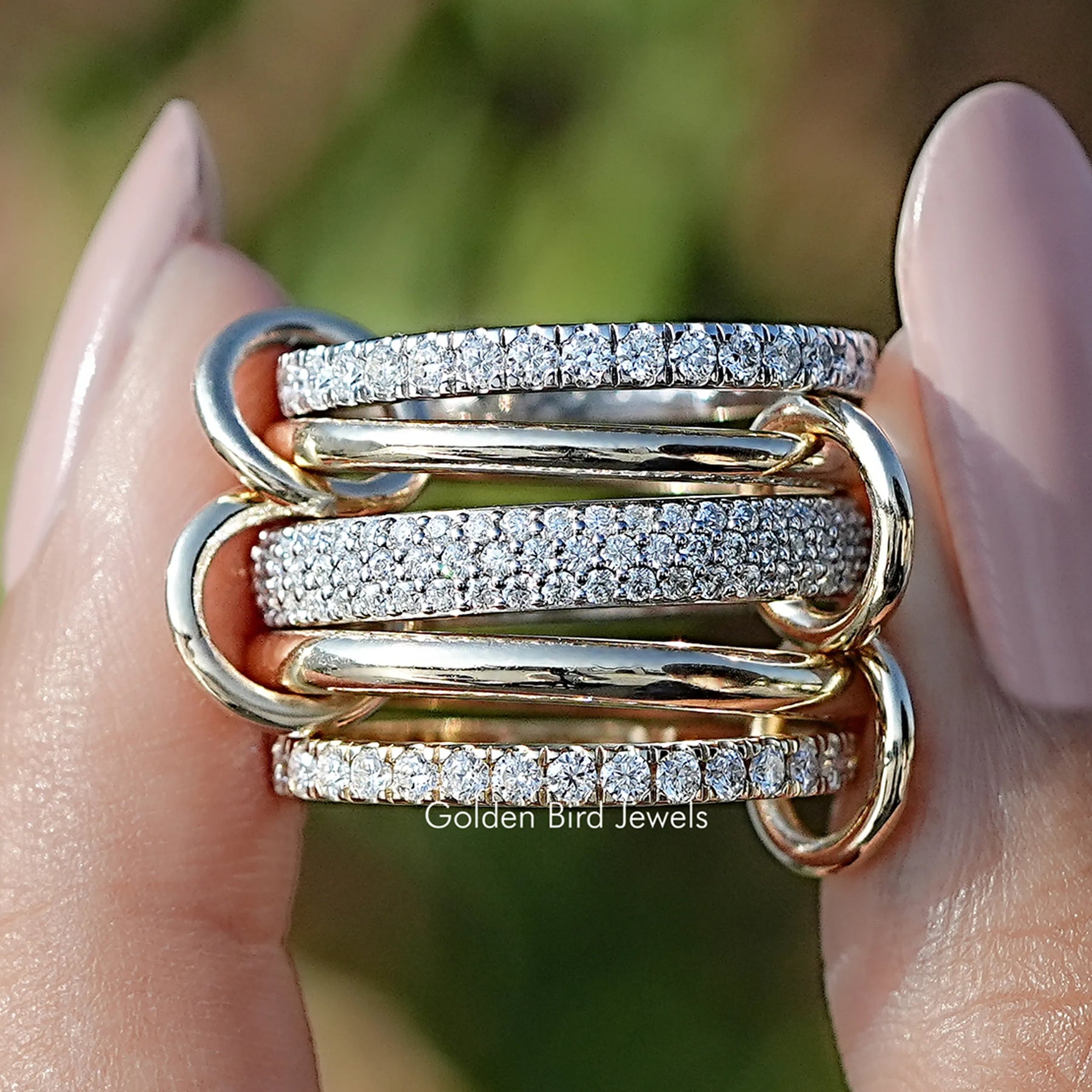 Front view of Round Cut Lab Diamond Interlinked Wedding Band in two fingers 