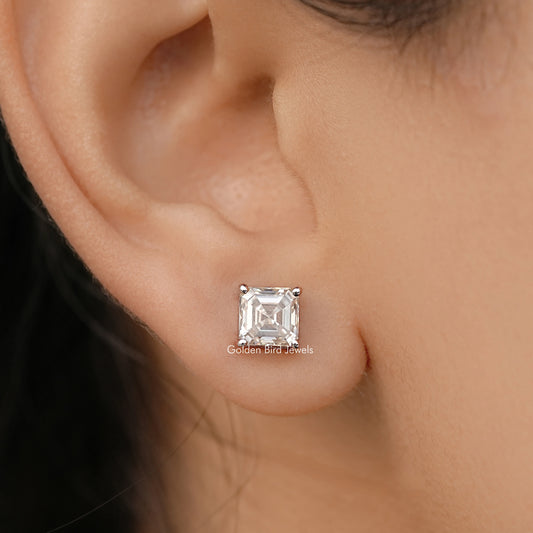Asscher Cut Moissanite White Gold Stud Earrings