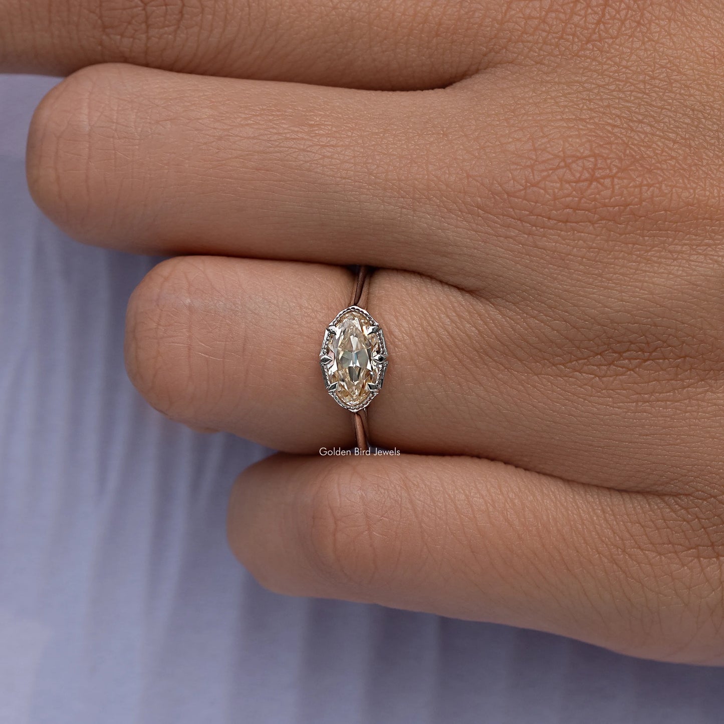 East West Old Mine Moval Moissanite Solitaire Ring