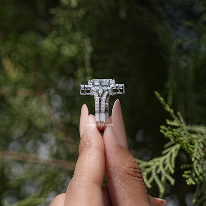 Marquise moissanite engagement ring with halo and prong-set shoulders, top view