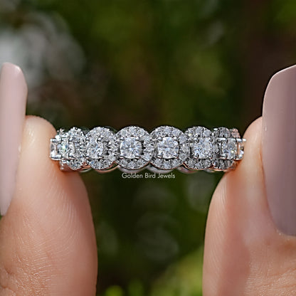 Round moissanite halo eternity band with round stones and pavé accents
