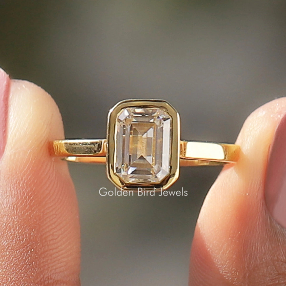 Emerald Cut Moissanite Bezel Set Solitaire Ring