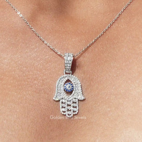 Moissanit-Anhänger mit Hamsa-Hand und bösem Blick im Rundschliff