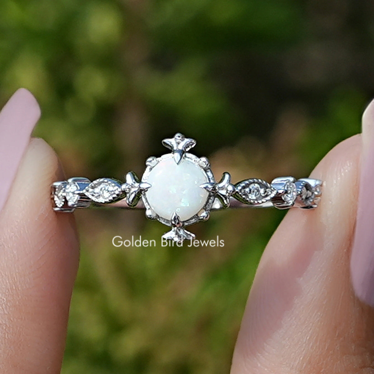 Opal Round Gemstone Accent Set Engagement Ring