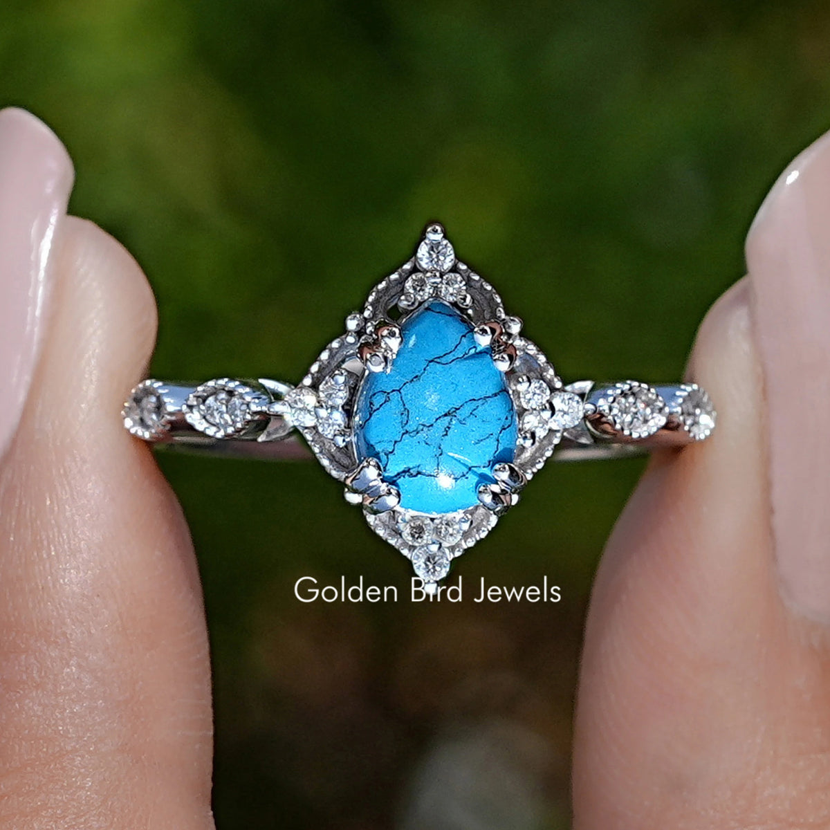 Blue Turquoise Pear Gemstone Accent Set Ring