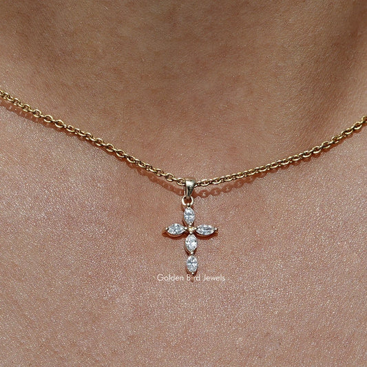 Close up view Marquise Cut Lab Diamond Cross Pendant