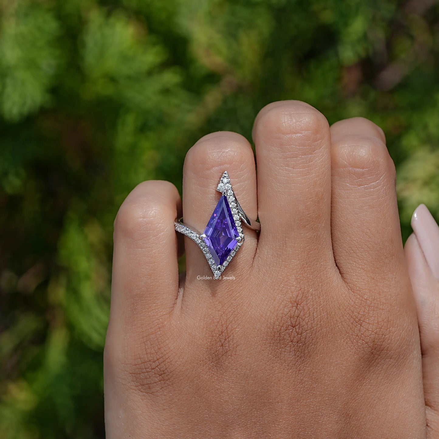Close-Up View of Purple Amethyst Kite Cut Halo Accent Ring In White Gold 