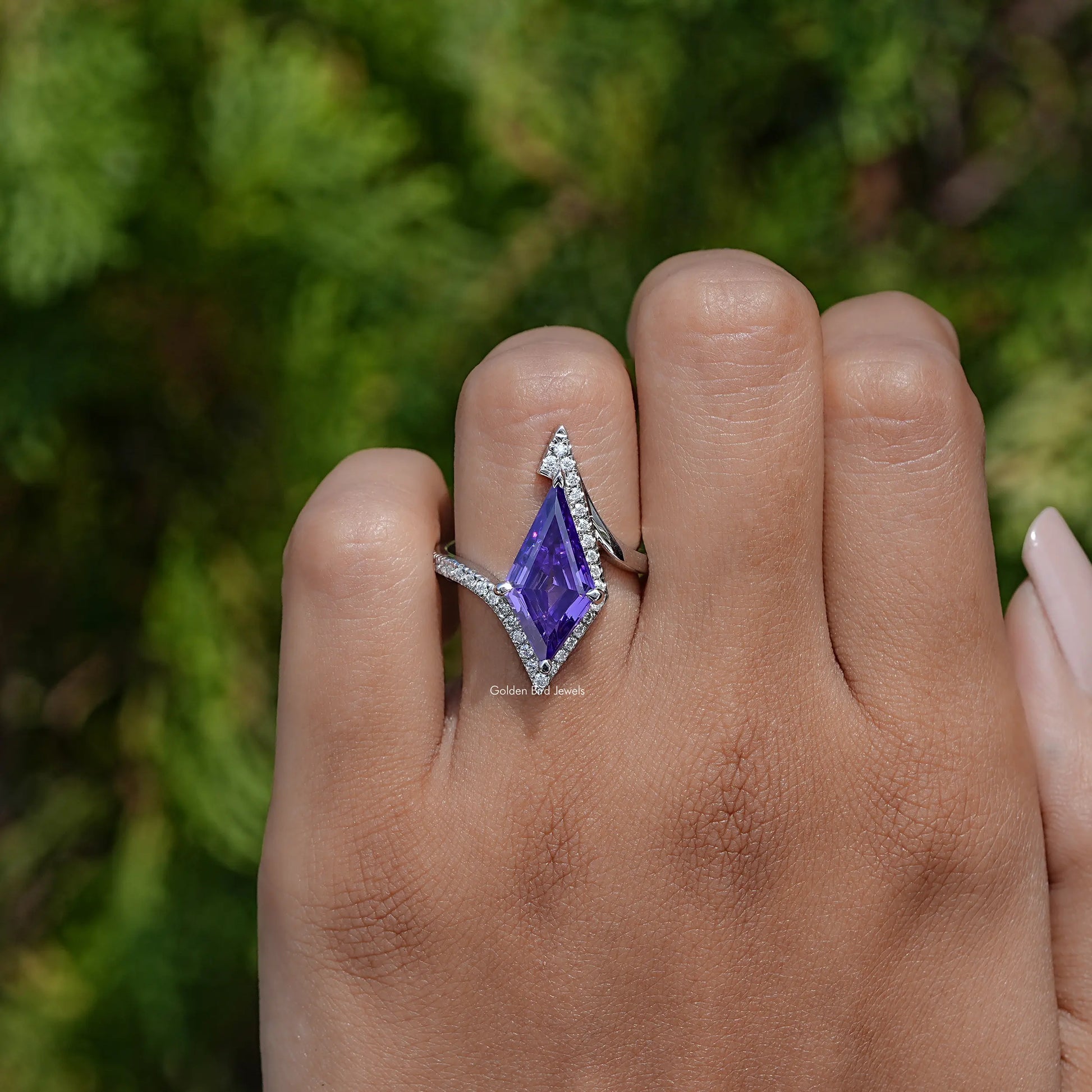 Close-Up View of Purple Amethyst Kite Cut Halo Accent Ring In White Gold 