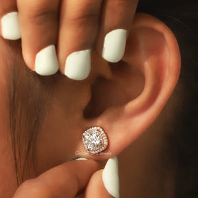 Cushion Cut Moissanite Halo Studs Earrings